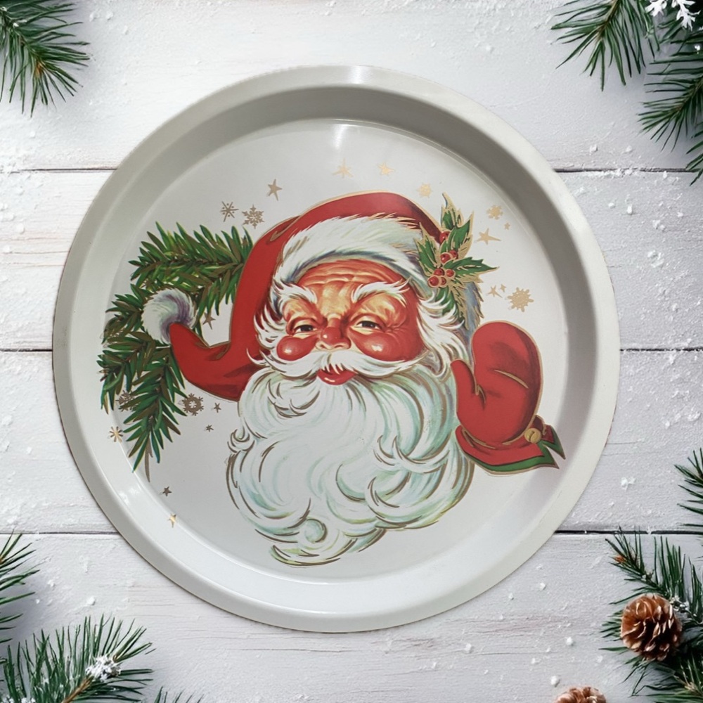 Vintage Christmas Round Serving Tray Santa Claus